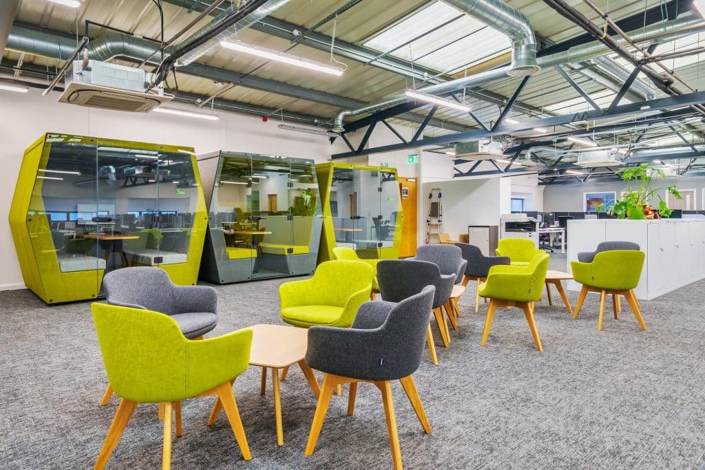cat b fit out, green and grey chairs, breakout rooms, commercial office space renovation 