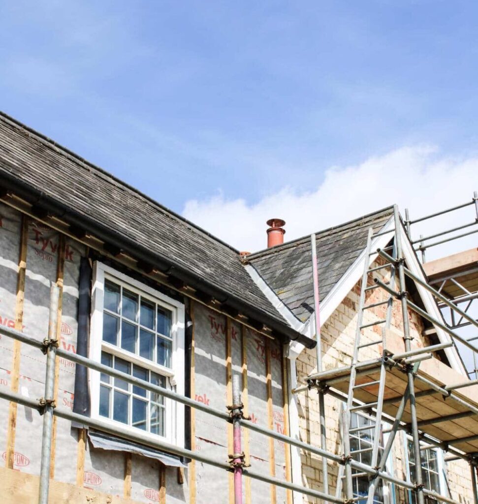 outside of a property being developed and re furbished. scaffolding on the outside of the building